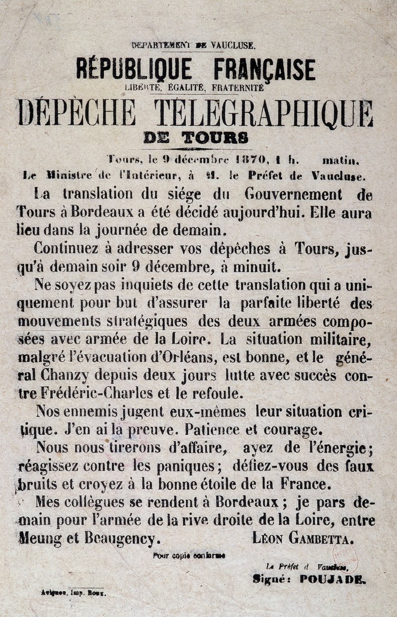 Telegrafiska nyheter om Tours den 9/12/1870 av Léon Gambetta. av Anonymous Anonymous