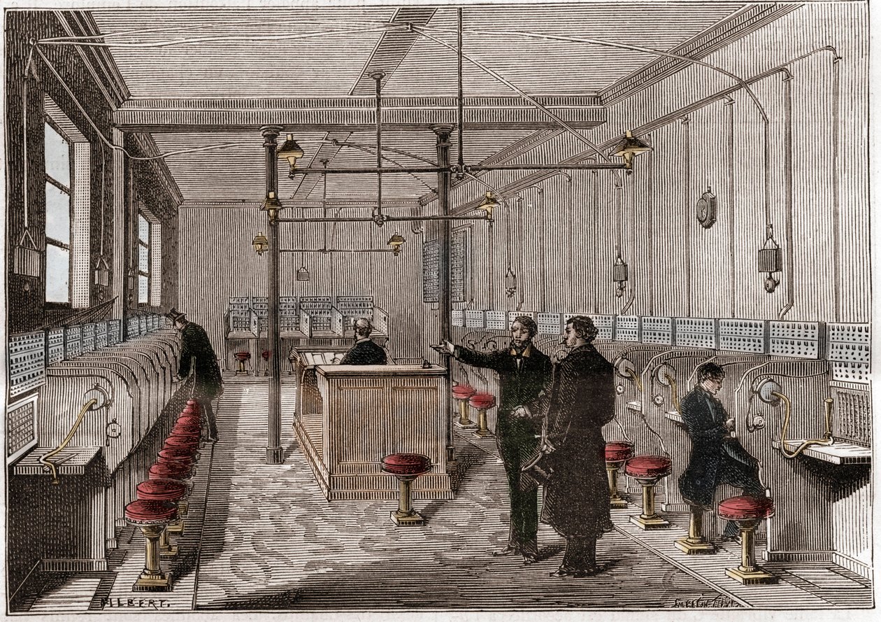 Telefonväxel byggd enligt Edison Gower-Bell-systemet för telekommunikation - första centraltelefon i Paris 1879 - system av amerikanen Frederick Gower - gravyr i "" La nature"" från 1880 av Anonymous Anonymous