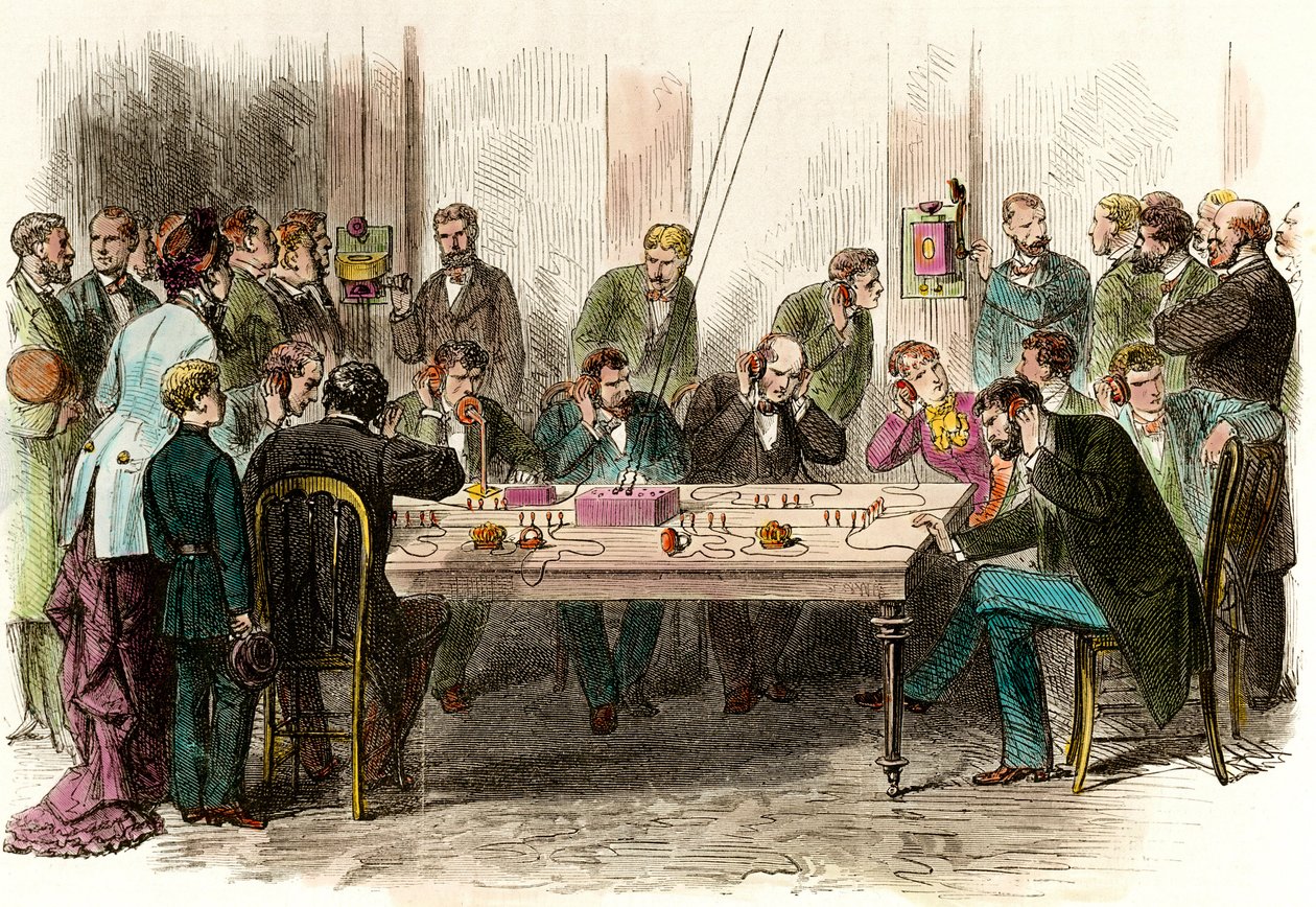 Telefoniupplevelse i väntrummet på stationen Saint Lazare (Saint-Lazare) i Paris den 6/09/1879. Gravyr av 1800-talets privatsamling av Anonymous Anonymous