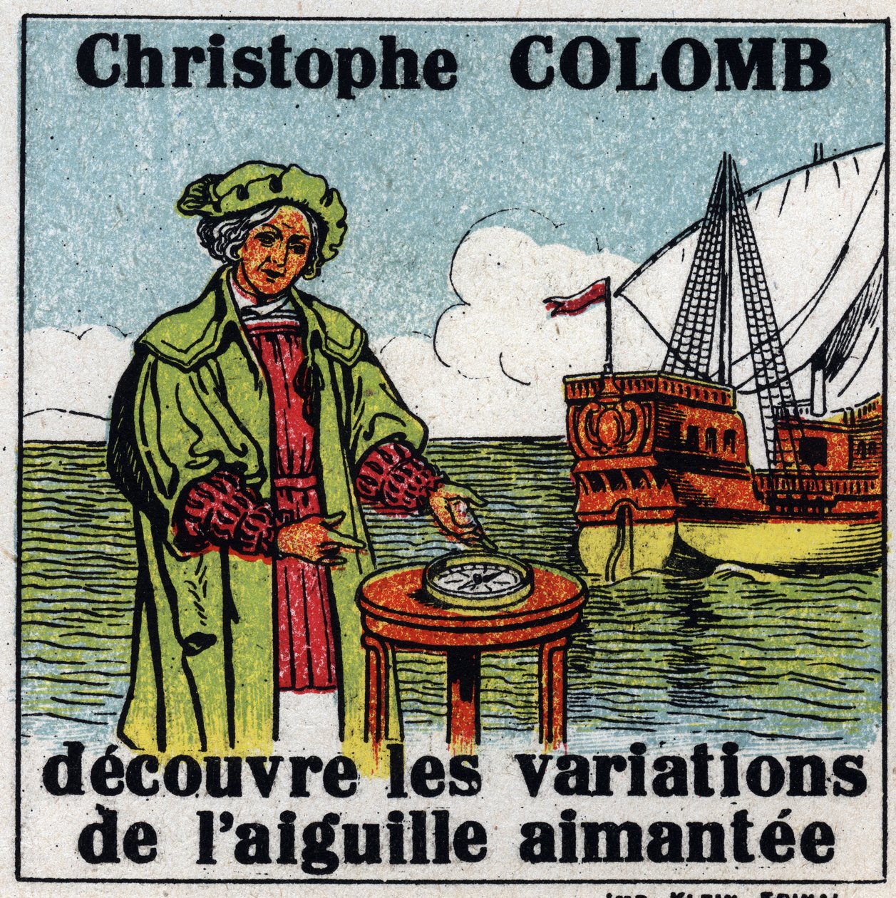 Jordbunden magnetism: Christopher Columbus (1451-1506) upptäcker variationerna av magnetnålen på en kompasssol under sin resa till Amerika 1492. Anonym illustration från 1925. Privat samling. av Anonymous Anonymous