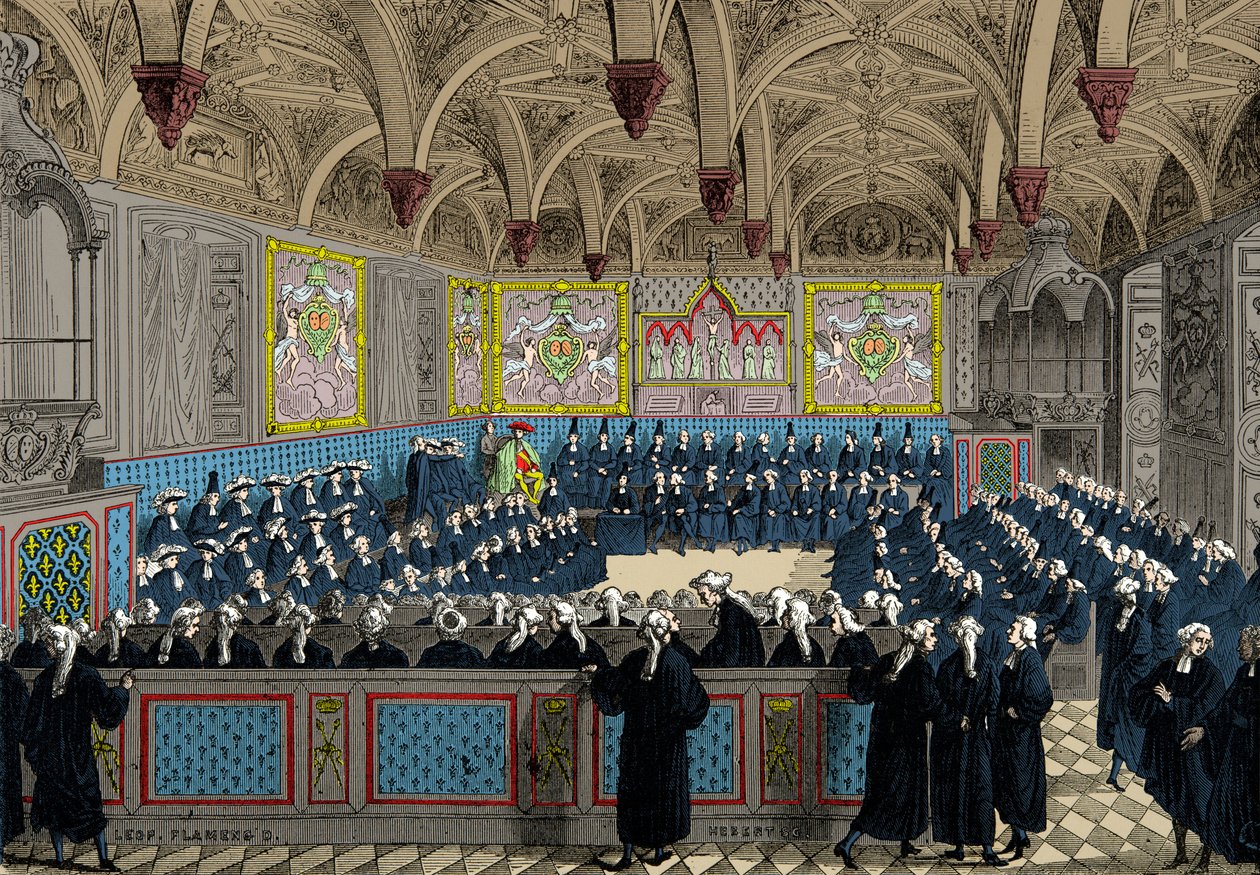 Parlamentsförsamlingen 1787 i närvaro av kung Ludvig XVI, gravyr, privat samling av Anonymous Anonymous