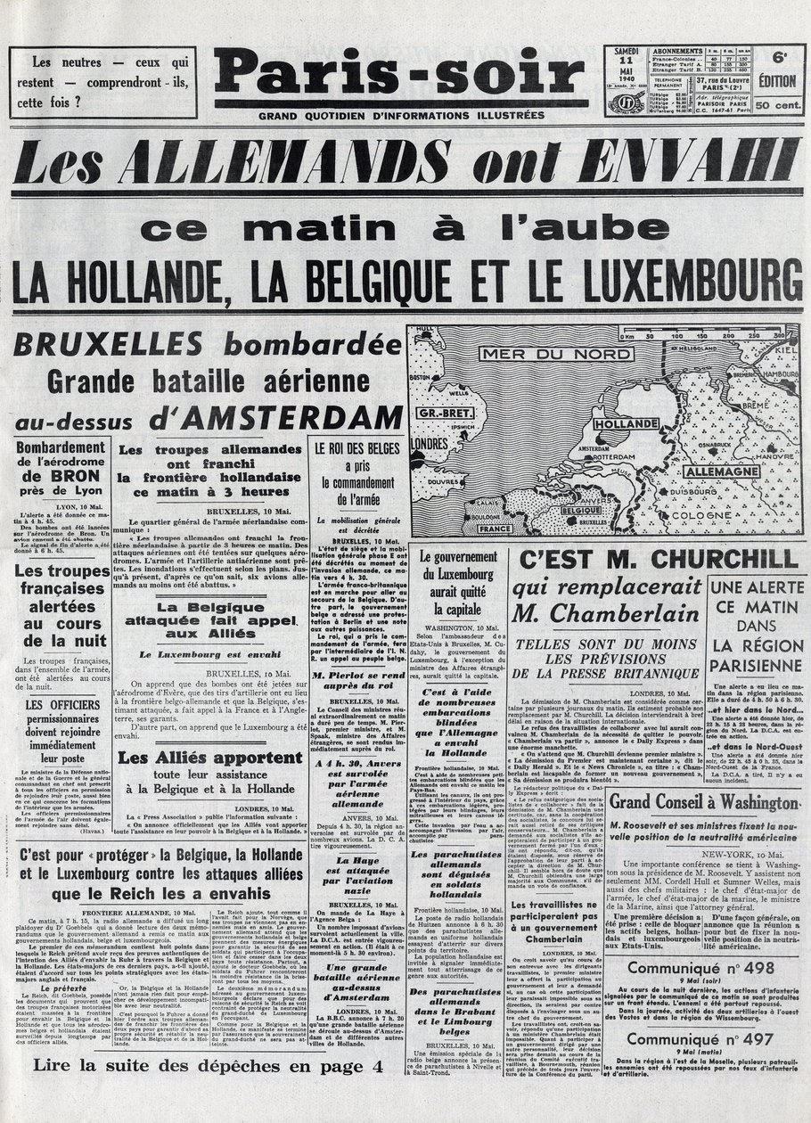 Slaget om Belgien eller Belgiens kampanj - 18 dagar lång kampanj - invasion av Belgien av tyska trupper under andra världskriget - PARIS EVIOR av 1940-05-11 - TYSKARNA INVASERAR HOLLAND - BELGIEN OCH LUXEMBURG - av Anonymous Anonymous