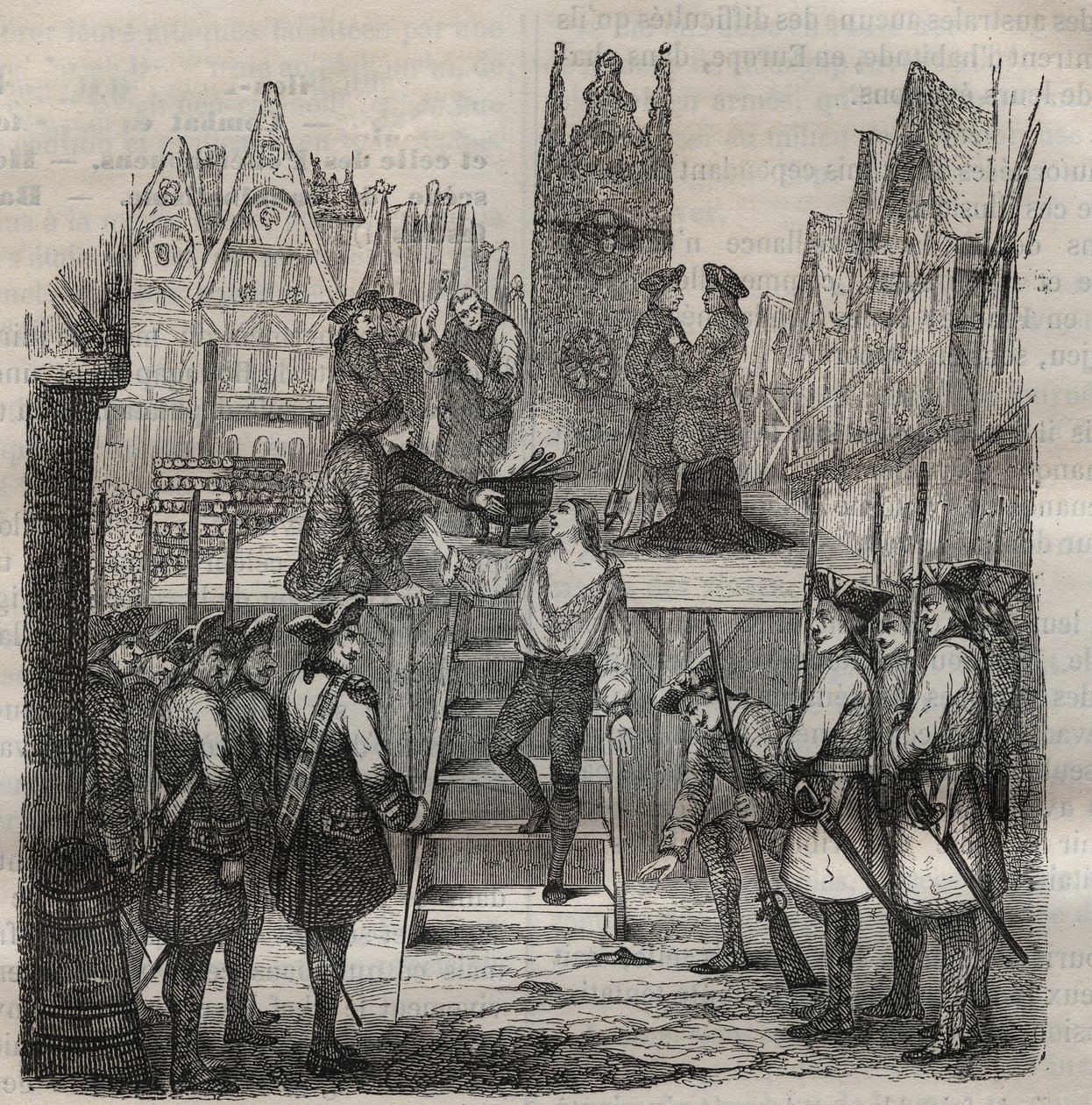 Chevalier Francois-Jean Lefebvre de La Barre (Francois Jean Lefebvre de LaBarre) som steg upp till byggnaden 1766. Gravyr i "Historia om fängelserna från deras tillkomst till våra dagar" (1877) av Pierre Zaccone (1817-1895) (Colonia Penale - Straffkoloni av Anonymous Anonymous