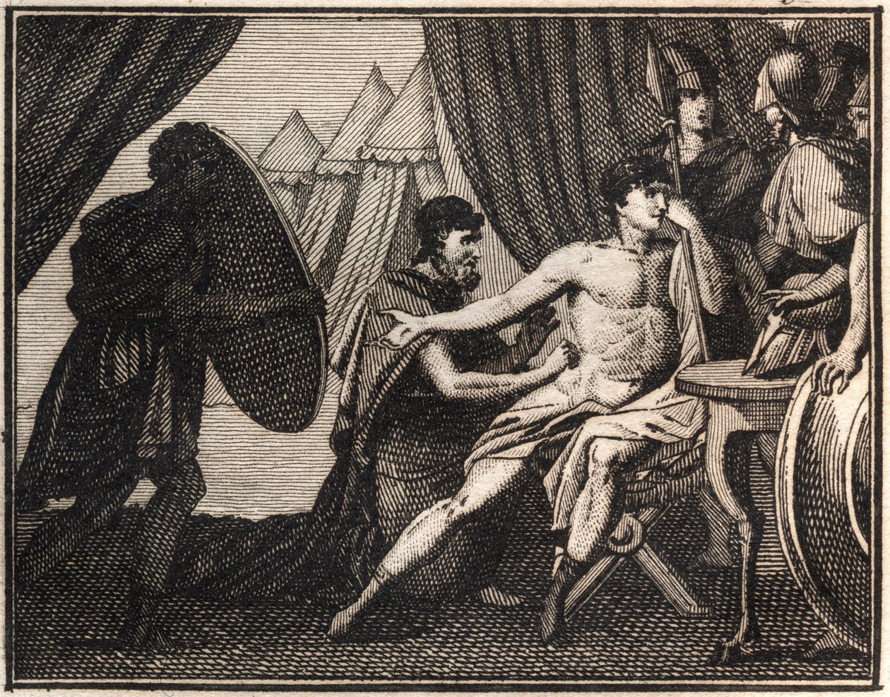Epaminondas död (efter striden mot spartanerna vid Mantineia 362 f.Kr.). Gravyr från "" Ungdomens Rollin eller utvalda stycken av antika och romerska berättelser"" 1816. Privat samling. av Anonymous Anonymous