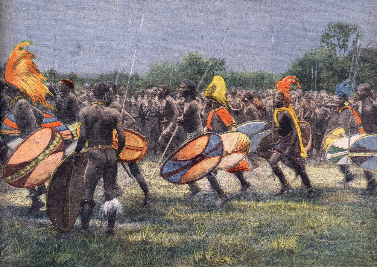 Expeditionen av USA:s förre president Theodore Roosevelt (1858 - 1919) till Afrika: Krigardans i Uganda. Gravyr. En av tidningen "" Le petit parisien"" den 24/04/1910. Privat samling. av Anonymous Anonymous
