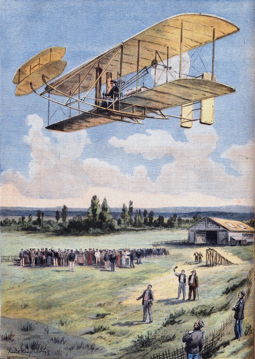The Flying Men: Wilbur Wrights upplevelser (1867-1912) ovanför Hunaudieres racerbana, nära staden Le Mans. Gravyr från tidningen "" Le Peute Parisien"", den 30/08/1908. Privat samling. av Anonymous Anonymous