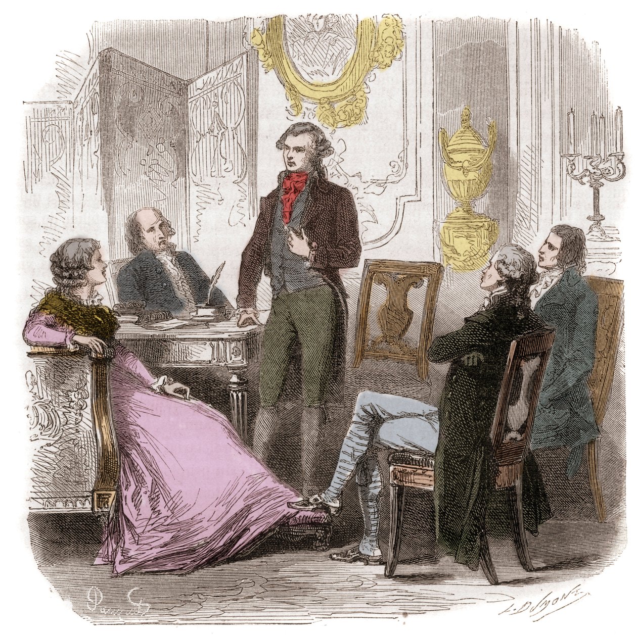 Girondinerna i hemmet Madame Roland - Reunion des Girondins chez Madame Roland (Manon (Jeanne Marie) Roland Philipon) (1754-1793) - Gravyr i "Histoire des Girondins" av Alphonse de Lamartine (1790-1869) 1865-1866 samling av Anonymous Anonymous