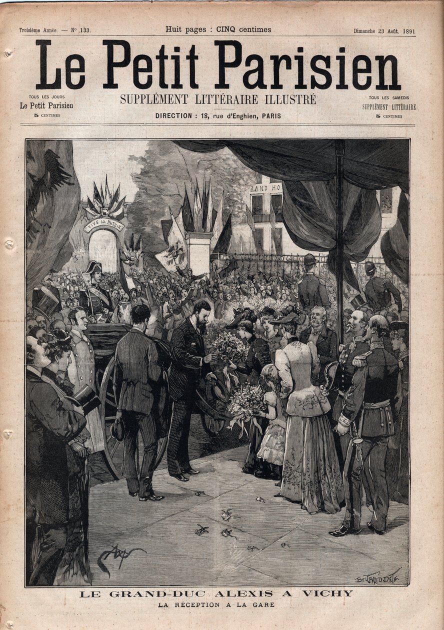 Storhertigen Alexis Alexandrovich (Aleksei Aleksandrovich Romanov) (1850-1908) i Vichy - Mottagningen på tågstationen - Gravyr i "Le petit Parisien"" från 1891 - Privat samling av Anonymous Anonymous