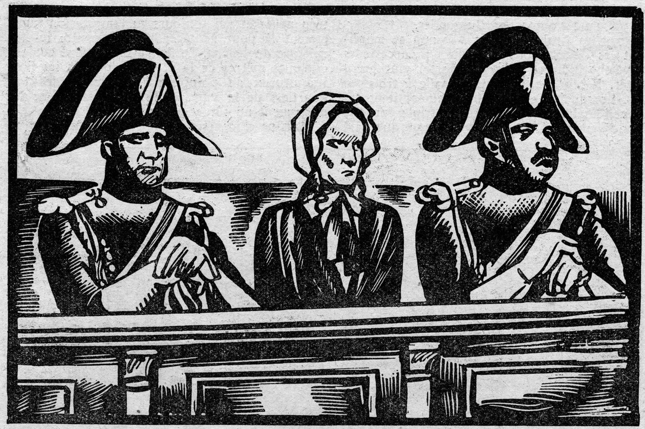 Fallet Henriette Cornier, representerat i montern i hennes rättegång för mordet på ett spädbarn, nära hennes arbetsgivare i november 1825. Illustration hämtad från "" Le petit journal illustrious"" 1931 av Anonymous Anonymous