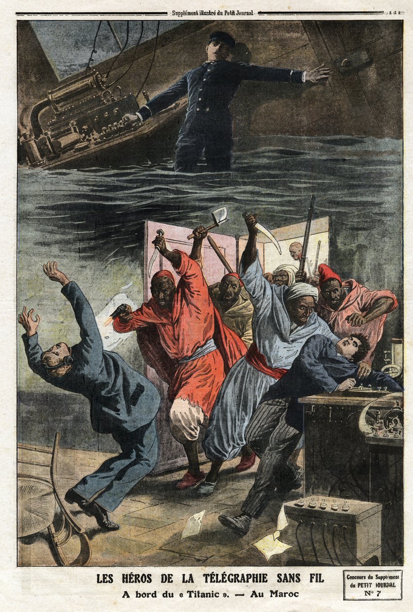 The Heros of Wireless Telegraphy: Ombord på "Titanic" fortsätter cheftelegrafen Mr. Phillips att skicka nödmeddelanden trots att vattnet stiger i telegrafbåset. I Fez, Marocko, attackerades fyra TSF-anställda av marockanska plundrare. Gravyr i "" Le av Anonymous Anonymous