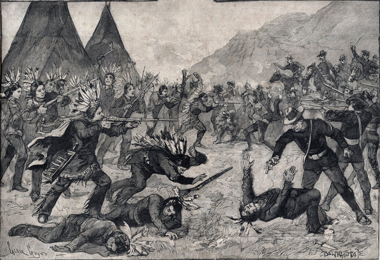 Den indiska revolten i USA: en kamp mellan Sioux-indianer och amerikanska trupper. Gravyr i "" Le petit Parisien"" från 1891. Privat samling. av Anonymous Anonymous