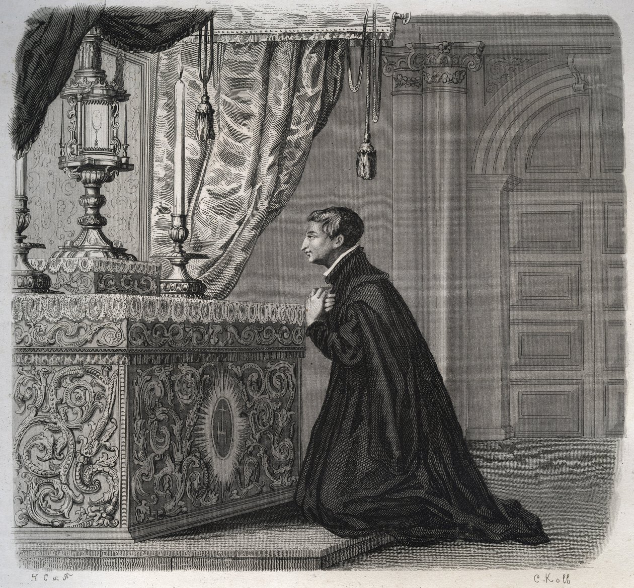 Den italienska jesviten Louis de Gonzague (San Luigi Gonzaga) (1568-1591) i bön. Gravyr från 1846 i "" Lives of the saints"". Privat samling. av Anonymous Anonymous