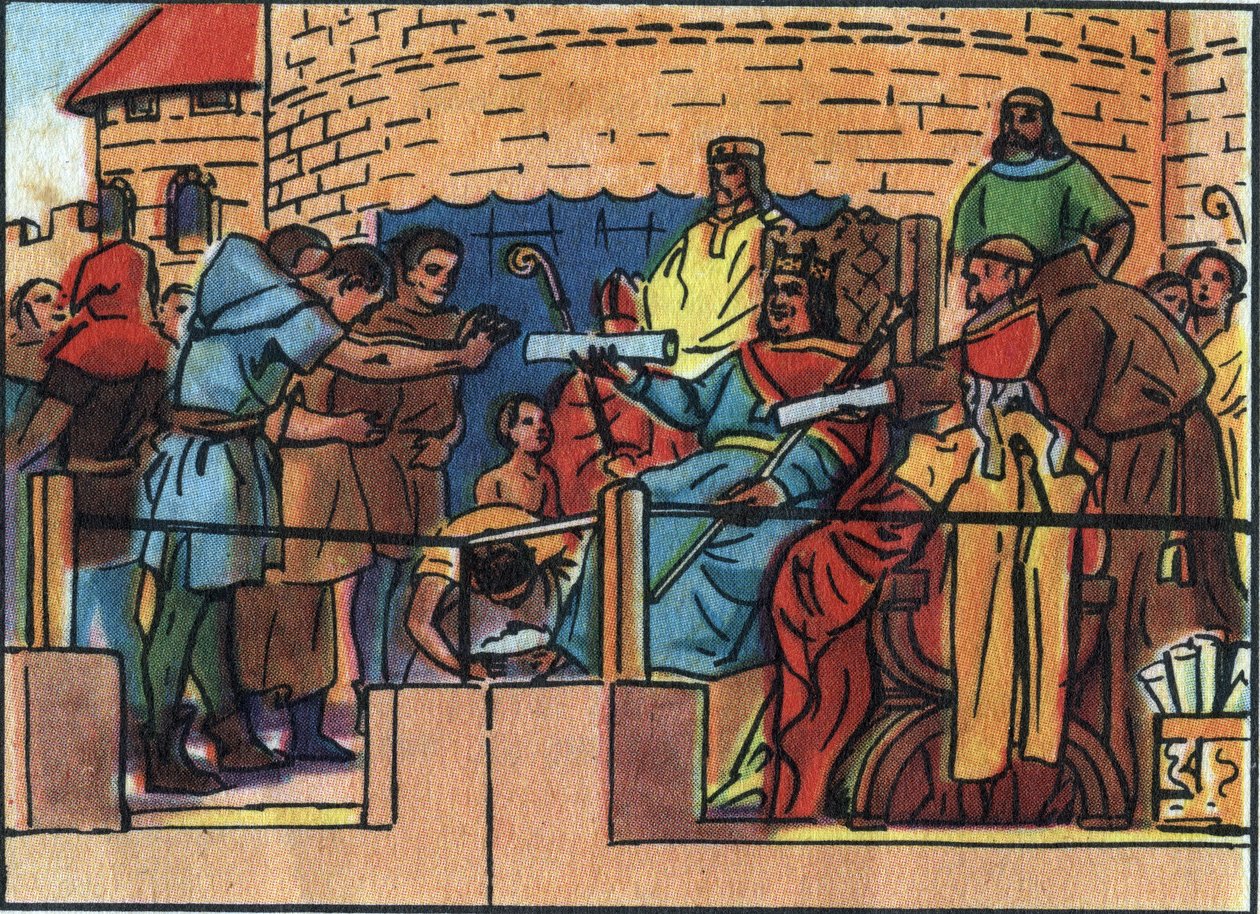 Kungen av Frankrike Ludvig VI den store (1081-1137) beviljade stadgan till staden Paris. Anonym illustration i "" Collection des souverains et chefs d