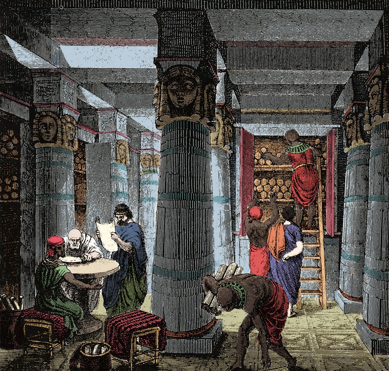 The Library of Alexandria - Vy över interiören av biblioteket i Alexandria i Egypten. av Anonymous Anonymous