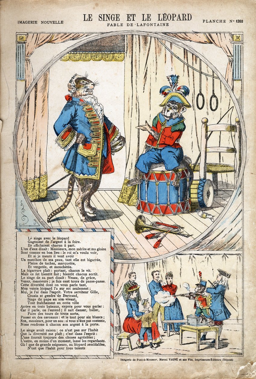 Apan och leoparden. Anonym illustration för Les Fables av Jean de LA FONTAINE (Lafontaine) (1621-1695). Avbildning av Pont-a-Mousson, ca 1880. Privat samling. av Anonymous Anonymous