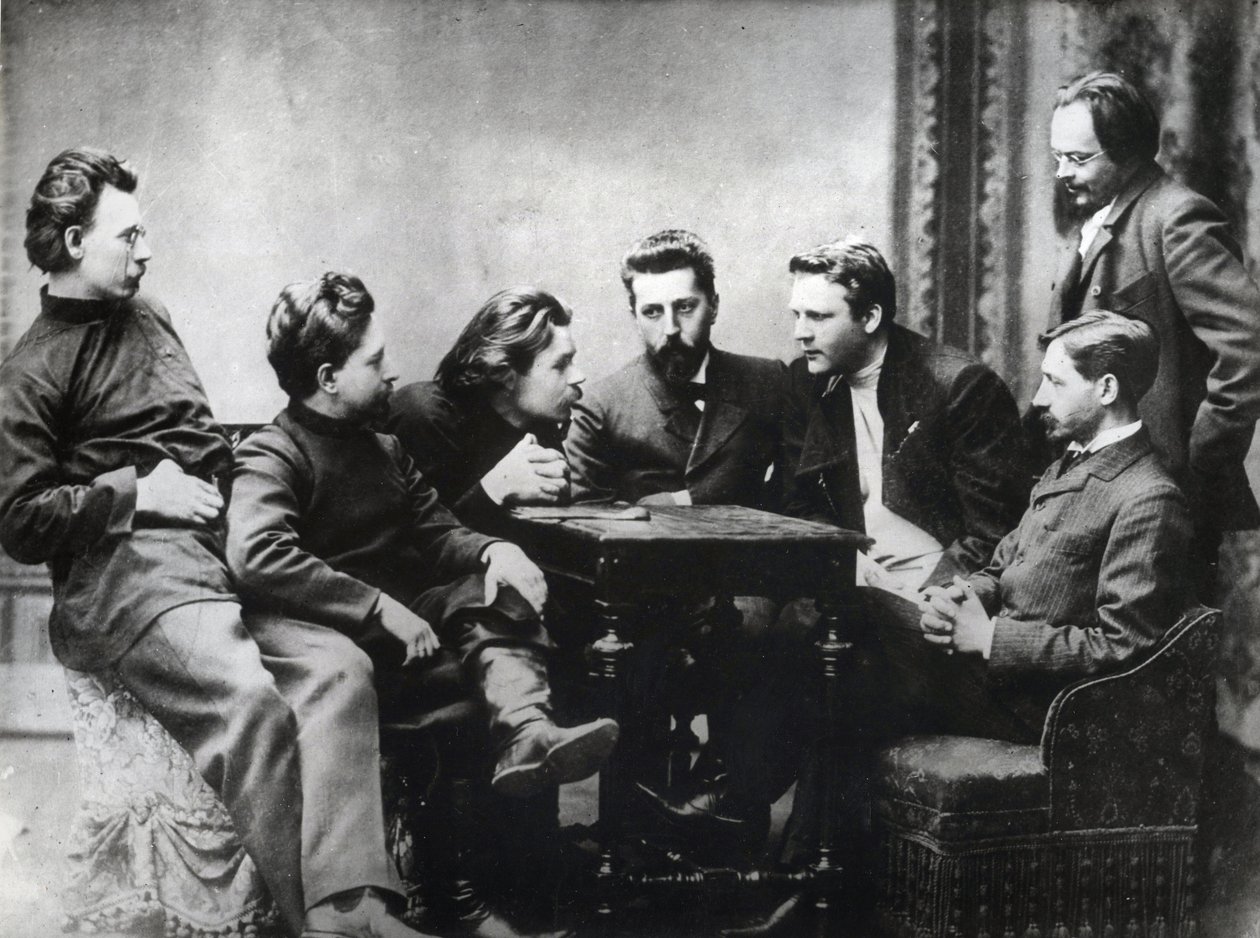 The Moscow Literary Sreda - Medlemmar av Sreda litterära krets, bildad under andra hälften av 1890-talet av ryska realistiska författare - Porträtt av ryska intellektuella från den litterära gruppen Znanie: från vänster till höger, Andrei Skitalets (Stepha av Anonymous Anonymous