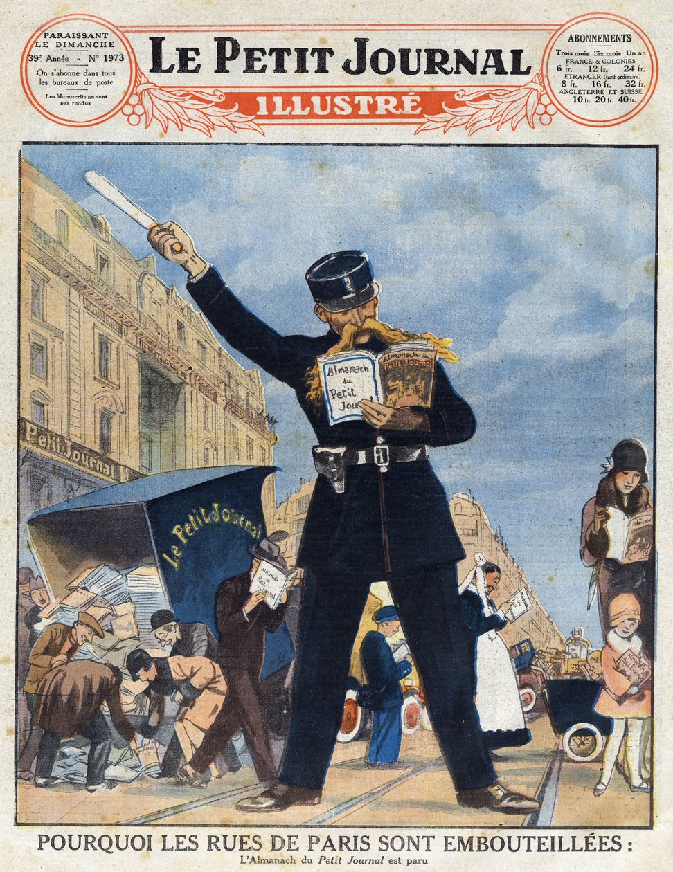 Den parisiska befolkningen utnyttjade en lastbil och en polis läser Almanach istället för att cirkulera från "Le petit journal illustré" av Anonymous Anonymous