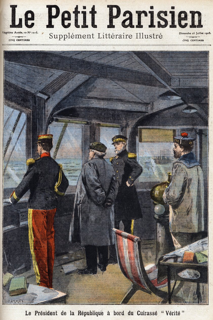 Republikens president Armand Fallieres (1841-1931) ombord på Cuirasse "" Verite"". En av tidningen "" Le petit parisien"" den 26/07/1908. Privat samling. av Anonymous Anonymous