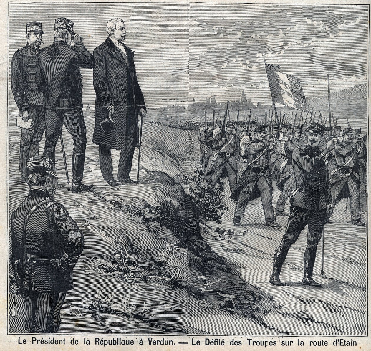 Republikens president Felix Faure (1841-1899) besöker Verdun (Meuse): föroreningen av militärskolan på Etins väg. Gravyr i "" Le Petro Parisien"" av Anonymous Anonymous