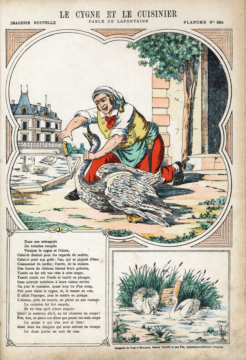 Svanen och kocken. Anonym illustration för Les Fables av Jean de LA FONTAINE (Lafontaine) (1621-1695). Avbildning av Pont-a-Mousson, ca 1880. Privat samling. av Anonymous Anonymous