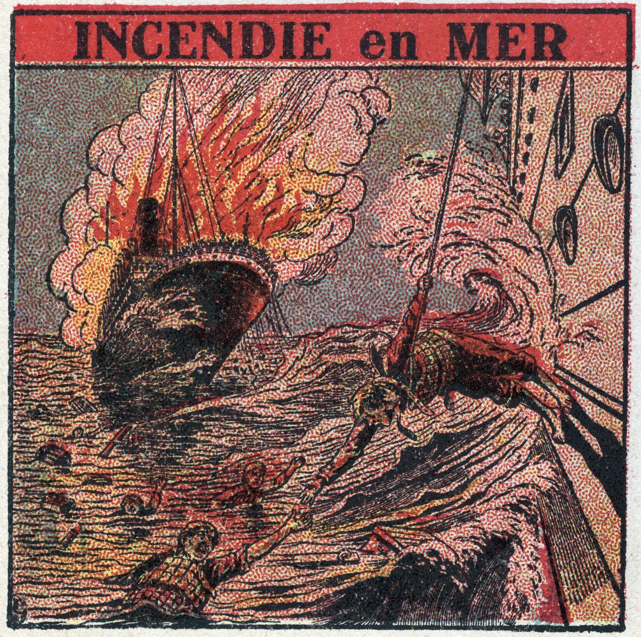 T.S.F.: eld till sjöss. T.S.F. används av båtar för att tillkalla hjälp vid ett skeppsbrott. Anonym illustration från 1925. Privat samling. av Anonymous Anonymous