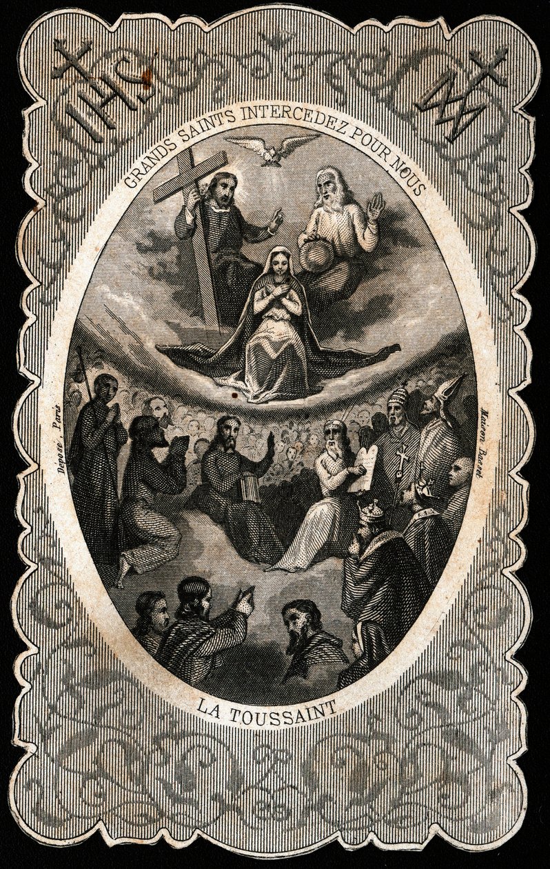 Jungfru Maria med den heliga treenigheten (Gud, Jesus Kristus och den helige Andes duva). Dentelee kort. 1800-talet. Privat samling av Anonymous Anonymous