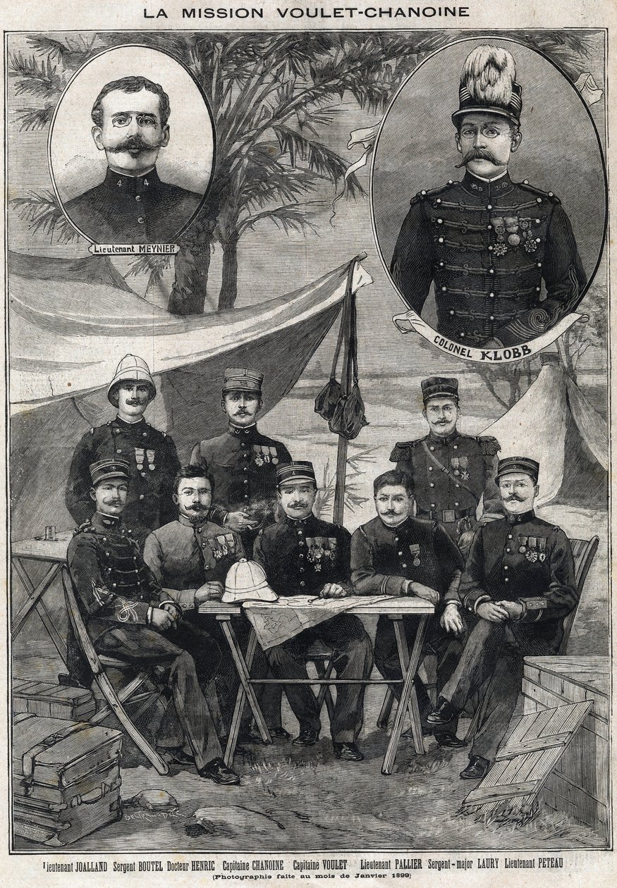 Voulet Chanoine-uppdraget (Voulet-Chanoine) Fransk expedition för den koloniala erövringen av Tchad: porträtt av löjtnant Octave Meynier (1874-1961) och överste Arsene Klobb (1857-1899) med nedre vänster till höger: löjtnant Joalland, sergeant Boutel, dokt av Anonymous Anonymous