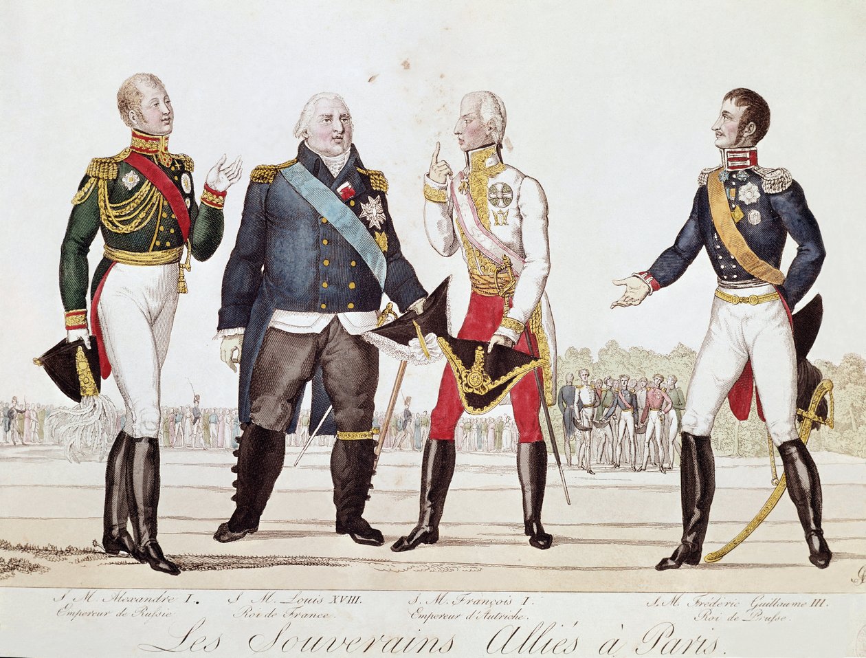 De allierade suveränerna: Alexander 1:a av Ryssland, Ludvig XVIII av Frankrike, Francois II av Österrike och Fredrik Vilhelm III av Preussen under undertecknandet av Alliansen i Paris september 1815 (litografi). av Anonymous Anonymous