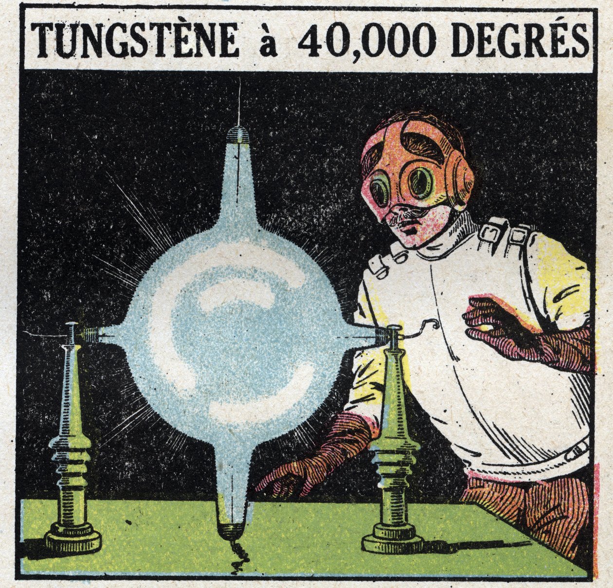 Atomen och vetenskapen: försök att lösa upp volfram genom att förånga en fin tråd av denna metall till 40 000 grader. Anonym illustration från 1925. Privat samling. av Anonymous Anonymous