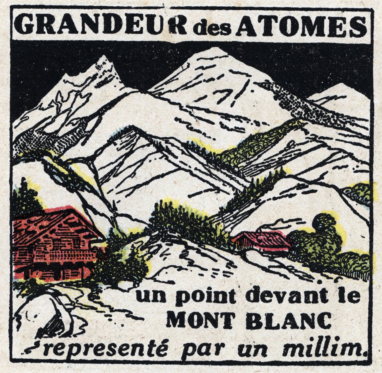 Atomen och vetenskapen: atomernas storlek. En punkt framför Mont Blanc representerad av en millimeter. Anonym illustration från 1925. Privat samling. av Anonymous Anonymous
