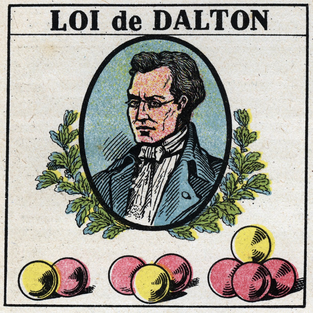 Atomerna: John Daltons lag (1766-1844). Anonym illustration av 1925. Privat samling. av Anonymous Anonymous
