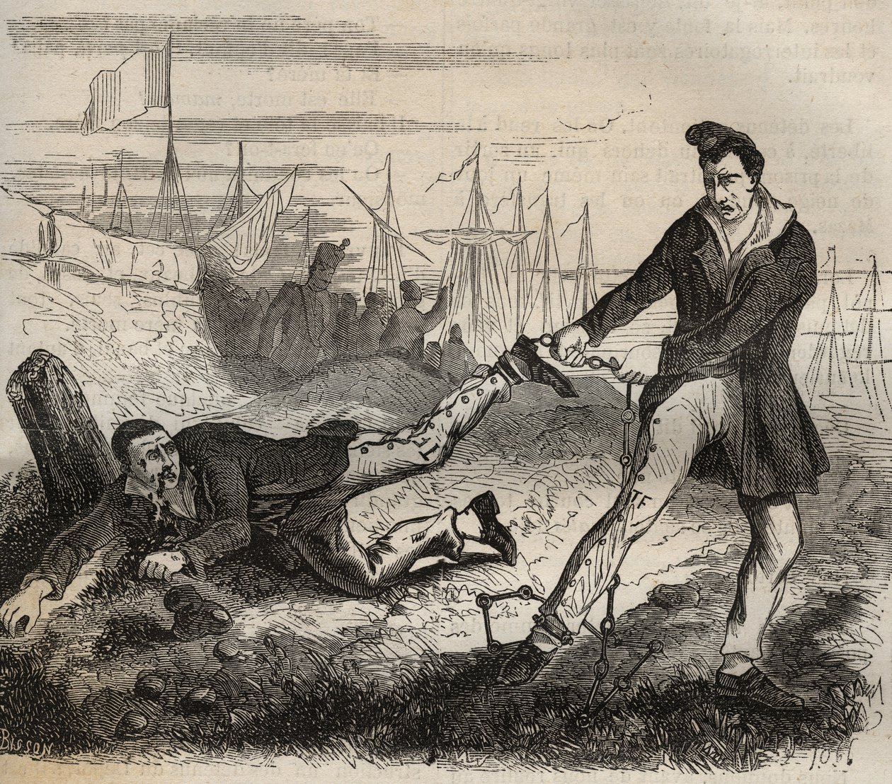 Forcatens största plåga är att vara en miskamrat. Slåss mellan två fångar sammankopplade av samma kedja. Bagne de Rochefort på 1800-talet. Gravyr i "Historia om fängelserna från deras tillkomst till våra dagar" (1877) av Pierre Zaccone (1817-1895) av Anonymous Anonymous