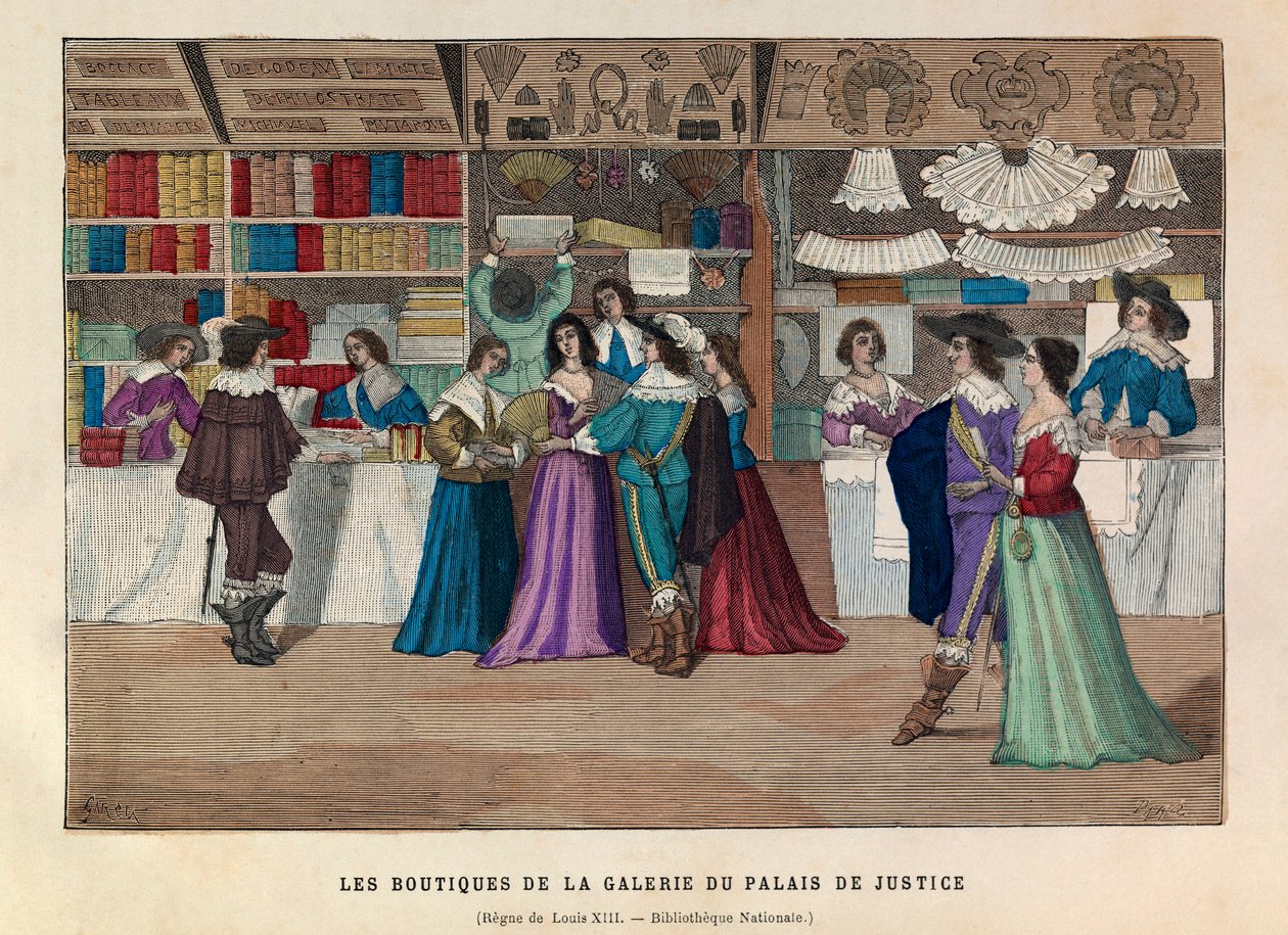 Butikerna i Palais de Justice-galleriet i Paris under kung Ludvig XIII:s regeringstid på 1600-talet - Butiker i Galerie du Palais de Justice, Paris, Ludvig XIII:s regeringstid av Anonymous Anonymous