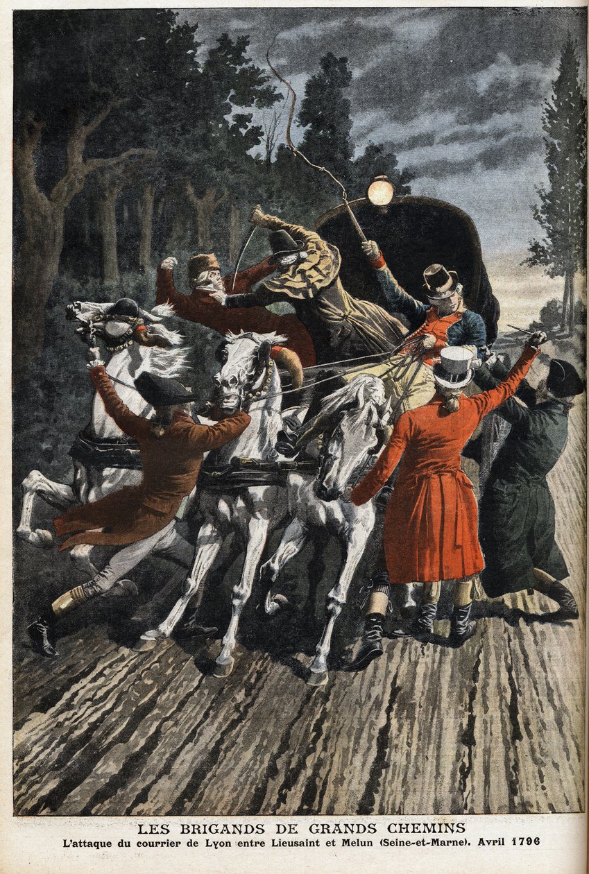 Motorvägarnas bråk: attacken av Lyon-posten mellan Lieusaint och Melun (Seine Et Marne) i april 1796. Gravyr i "" Le Petite Journal" av Anonymous Anonymous