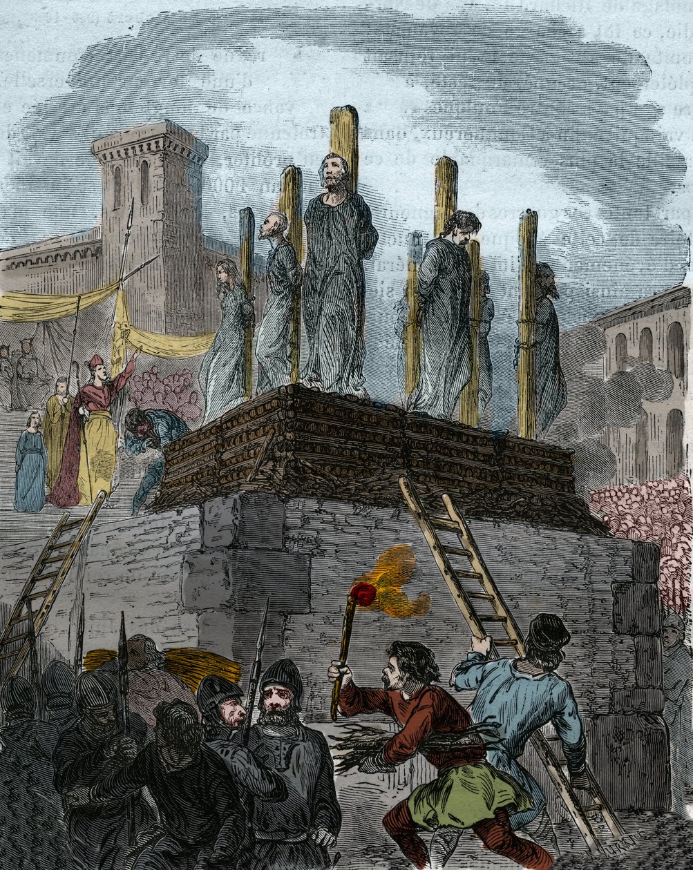 Fallet med kättarna i Orleans: kanoner dömdes till slaktaren för kätteri i Orleans 1022. (första bucher i historien om kampen mot kätteri i väst under Robert II den frommes styre (996-1031). Gravyr av 1800-talet av Anonymous Anonymous