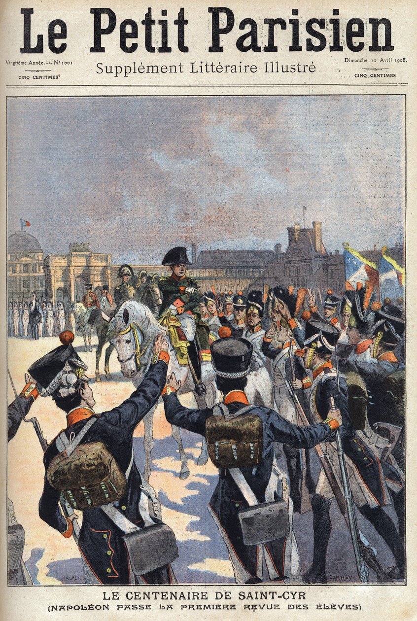 Hundraårsjubileet av Saint Cyr (Saint-Cyr): Napoleon I Bonaparte (1769-1821) klarar den första recensionen av militärskolans elever. En av tidningen "" Le petit parisien"" den 1908-04-12. Privat samling. av Anonymous Anonymous