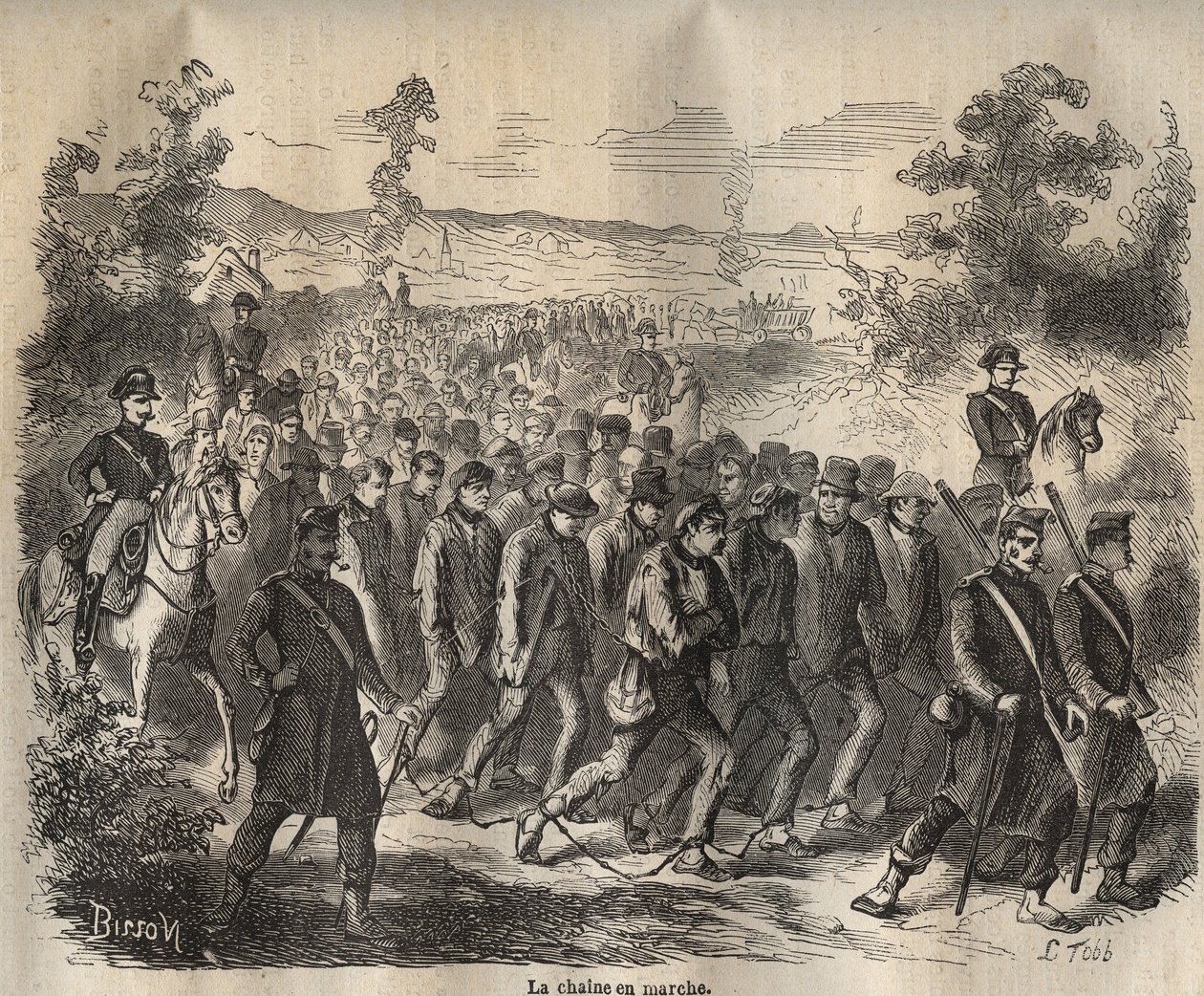Kedjan startade i Toulon Bagne på 1800-talet. Gravyr i "Fångarnas historia från deras skapelse till idag" (1877) av Pierre Zaccone (1817-1895) (Colonia Penale - Straffkoloni). Privat samling. av Anonymous Anonymous