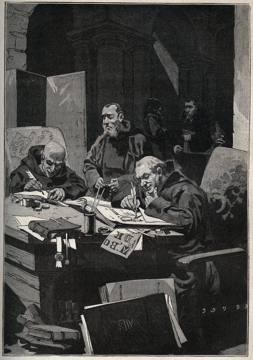 Krysografen: copistee munkar som utför belysningar i guldbokstäver under medeltiden. Gravyr från 1885 i "" Les arts et metiers illustres"" av Adolphe BITARD. av Anonymous Anonymous