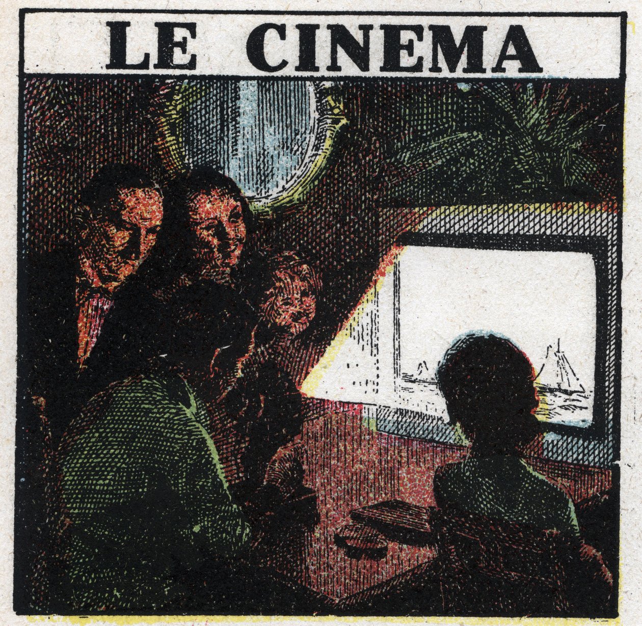 Filmfotografen: en familj som tittar på en film på en skärm. Anonym illustration från 1925. Privat samling. av Anonymous Anonymous