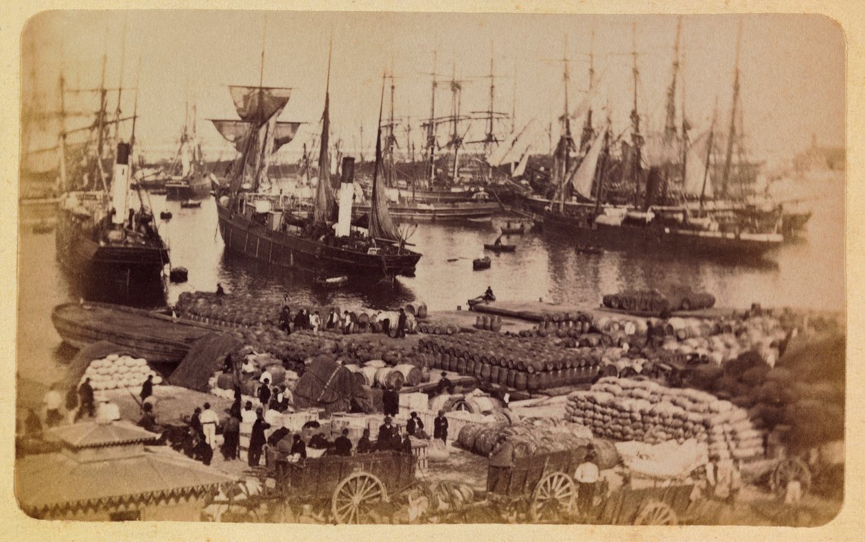 Staden Marseille och dess omgivningar runt 1885 -1890: Bassin de la Joliette, lastbord på katter, Privat samling av Anonymous Anonymous