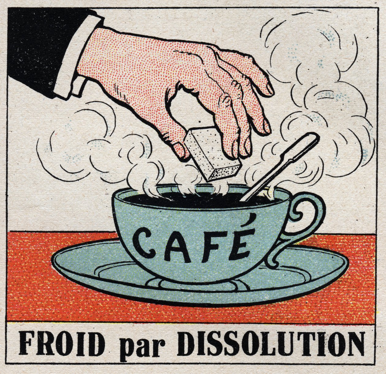 Den kalla industrin: kall genom upplösning. Att lägga ett socker i en kopp varmt kaffe gör att kaffet svalt. Anonym illustration från 1925. Privat samling. av Anonymous Anonymous