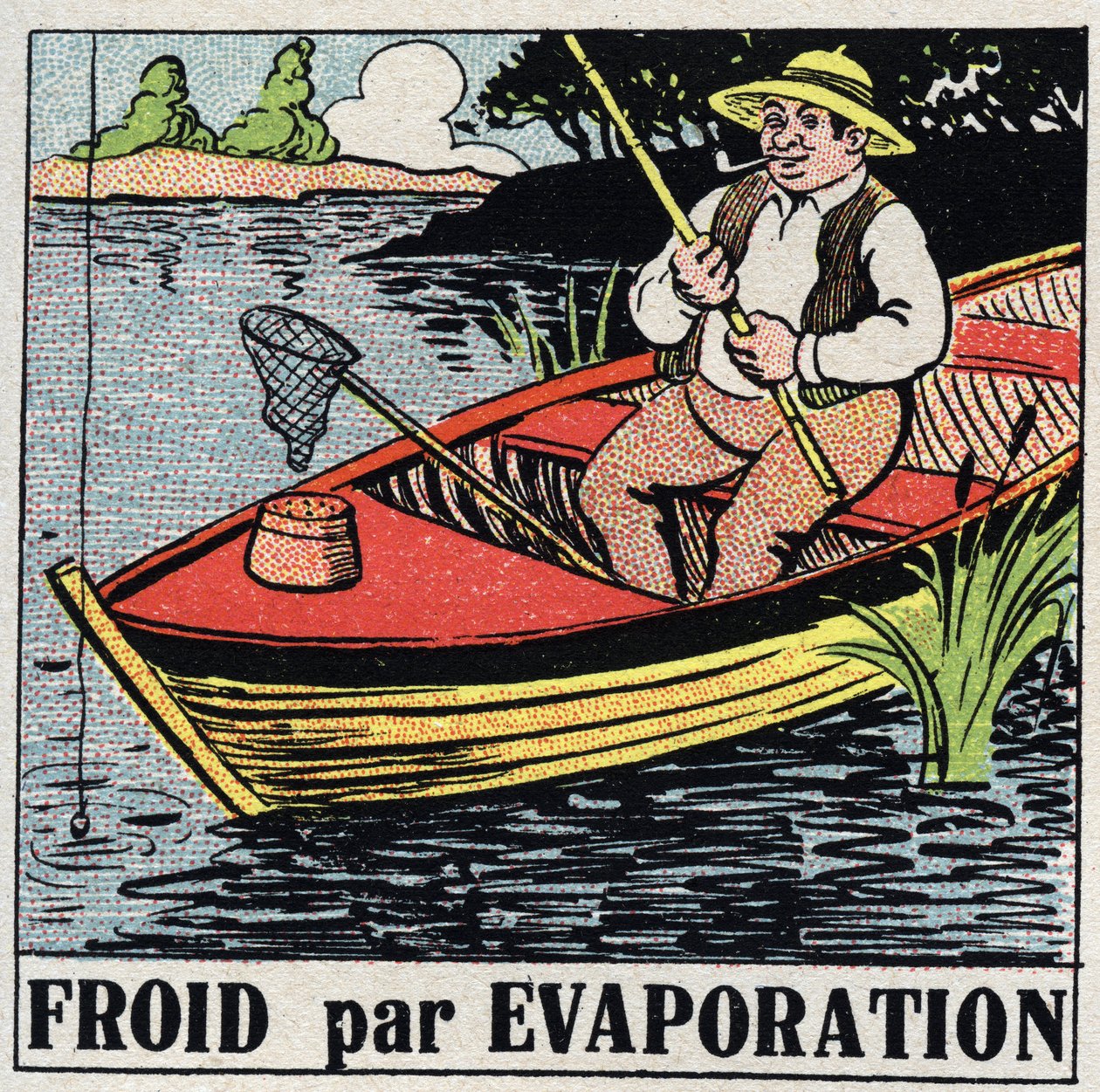 Den kalla industrin: kall genom avdunstning. En fiskare i sin båt håller sig sval tack vare avdunstning av flodvattnet. Anonym illustration från 1925. Privat samling. av Anonymous Anonymous
