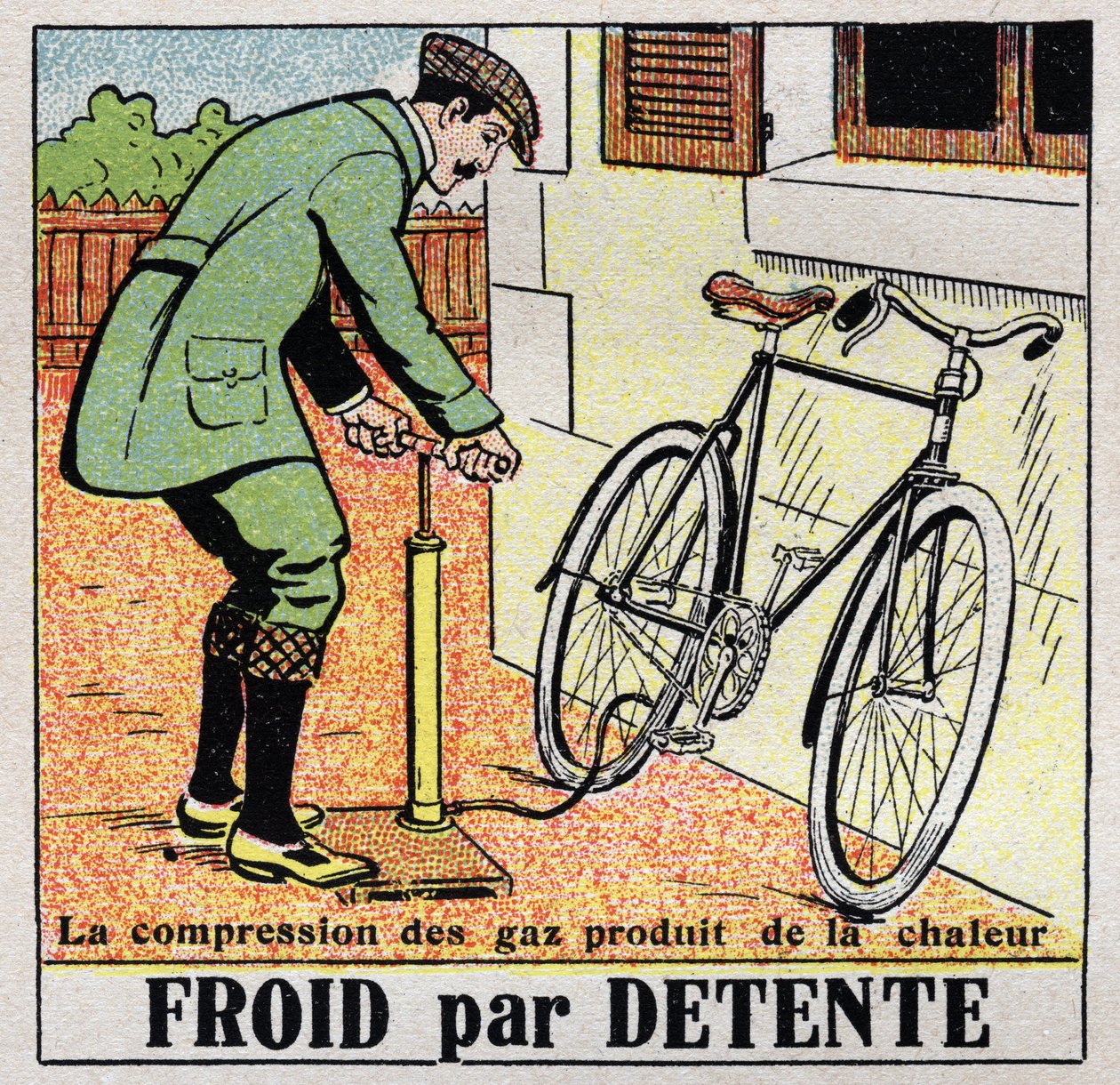 Den kalla industrin: kall för avkoppling. Avslappningen av gaserna ger kyla medan deras kompression producerar värme som när man pumpar upp ett cykeldäck. Anonym illustration från 1925. Privat samling. av Anonymous Anonymous