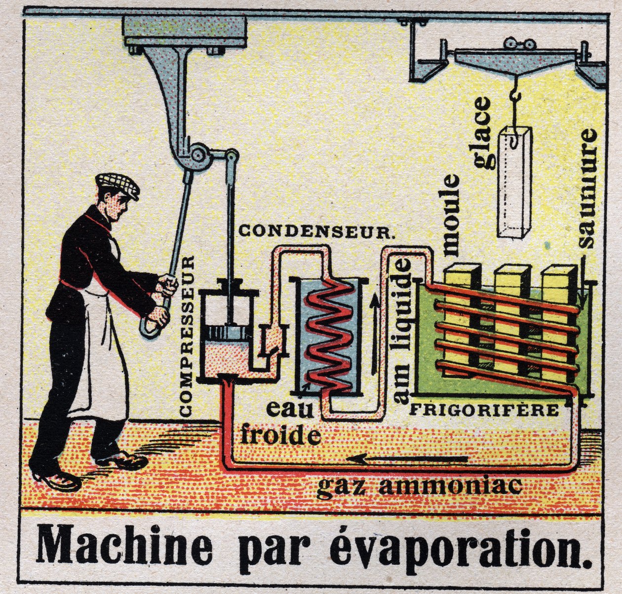 Den kalla industrin: tvärsnitt av en förångningsmaskin. Anonym illustration från 1925. Privat samling. av Anonymous Anonymous