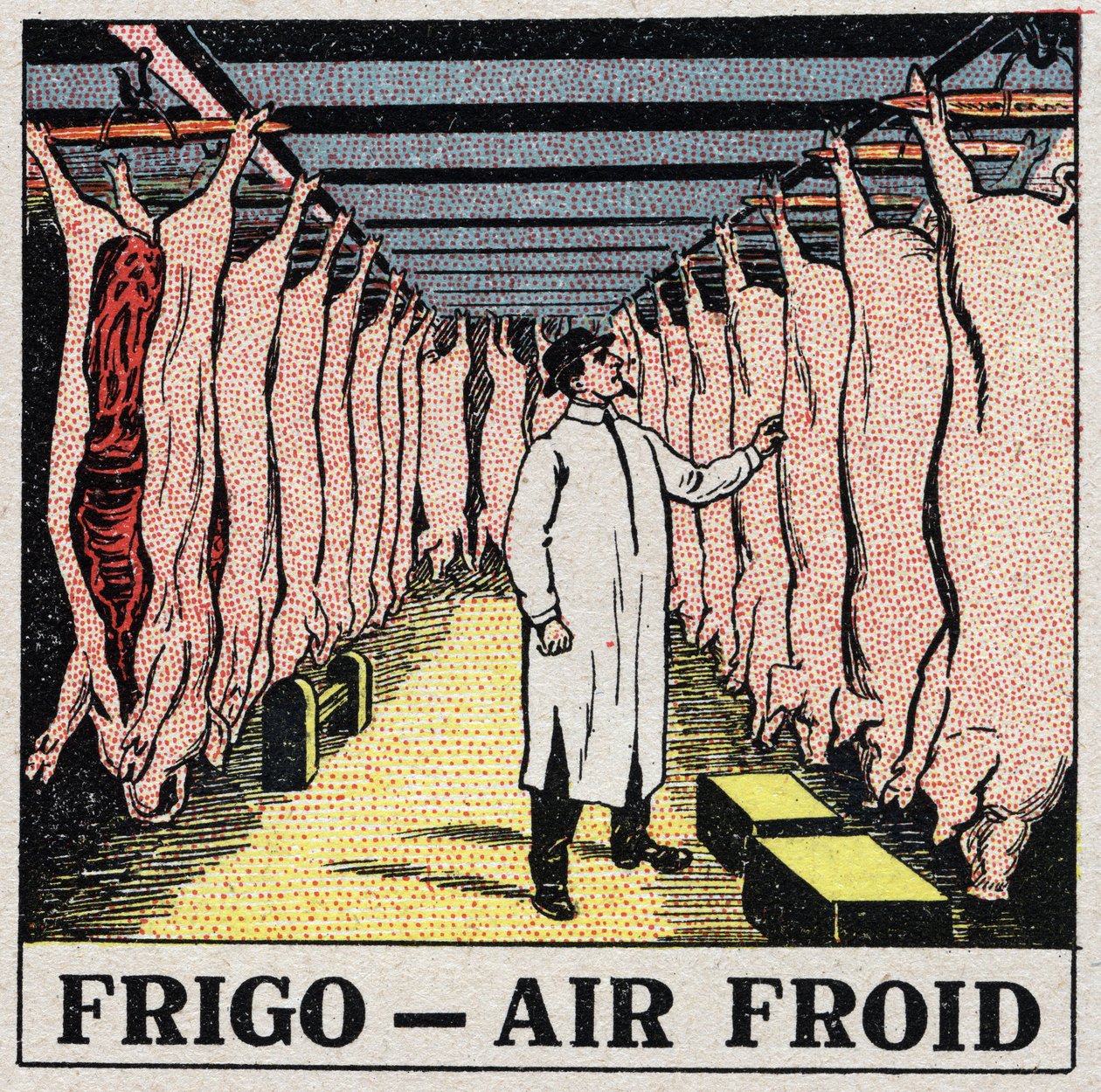 Kylindustrin: förvaring av kött i kylskåp. Anonym illustration från 1925. Privat samling. av Anonymous Anonymous