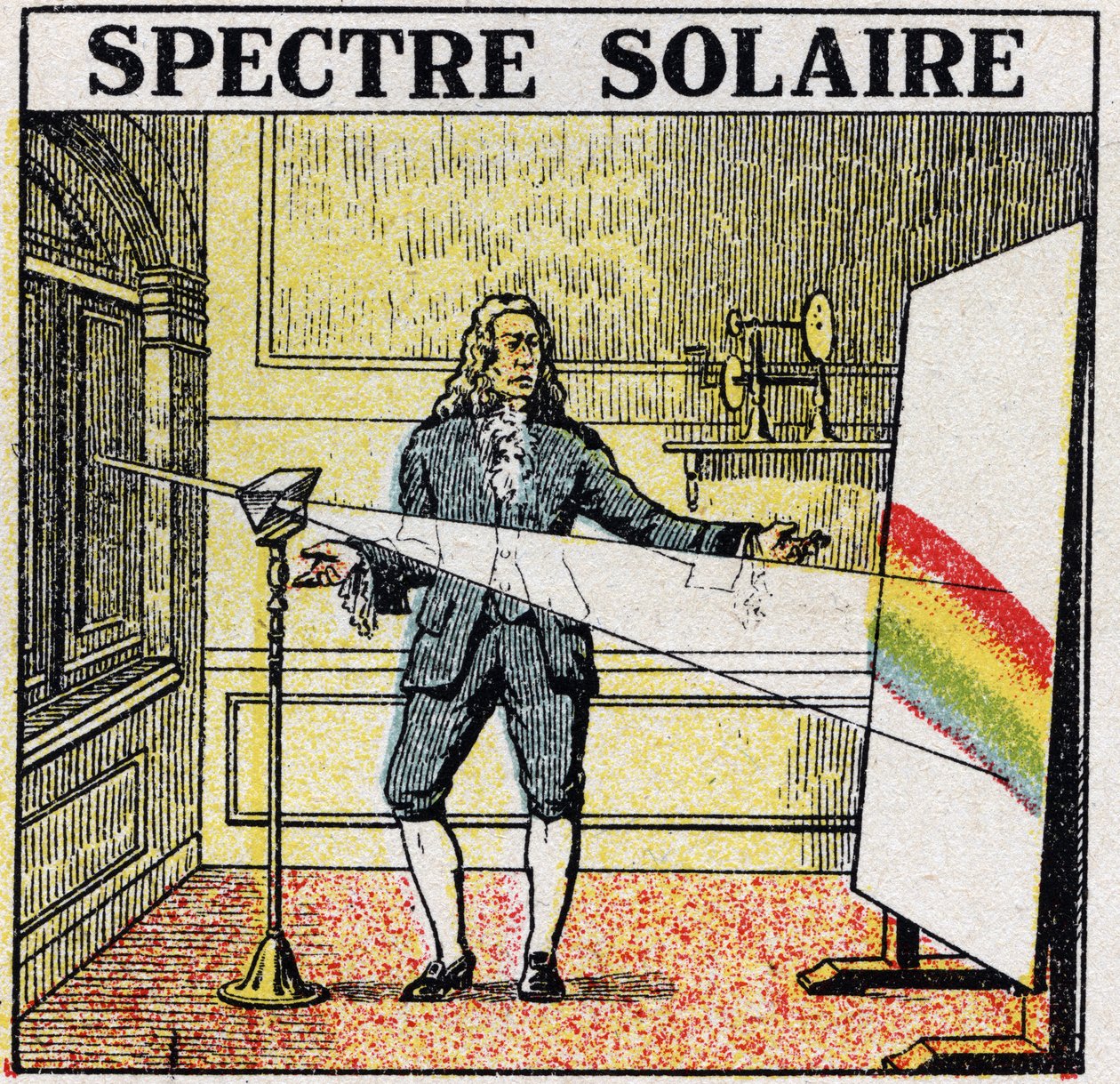 Färgerna: solspektrum studerat av Isaac Newton (1642-1727). Anonym illustration från 1925. Privat samling. av Anonymous Anonymous