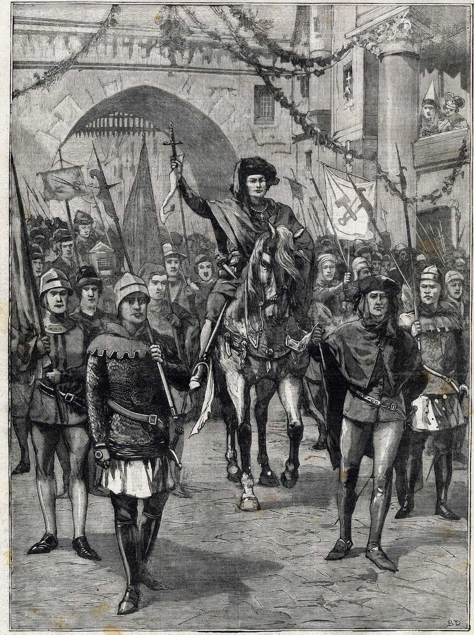 Företagens kortege på 1300-talet: Paris köpmäns prevot. Gravyr. I "" The Little Parisien"", den 18/06/1899. Privat samling. av Anonymous Anonymous