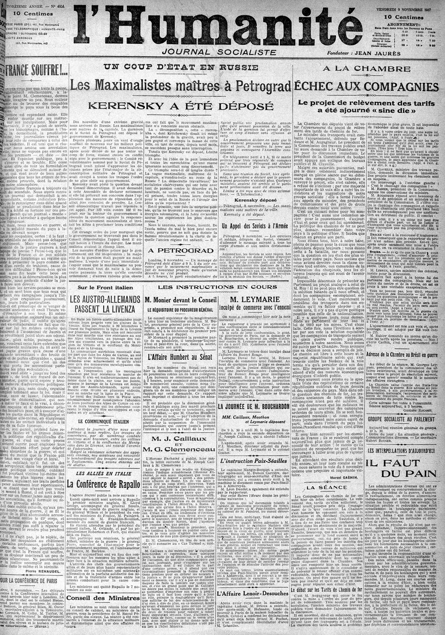Kuppen i Ryssland på rubrikerna på den socialistiska tidningen "Humanity". Rubriker:"" Mästarnas maximalister i Petrograd", "" Kerenskij deponerades""" (Kerenski), den 9/11/1917. av Anonymous Anonymous