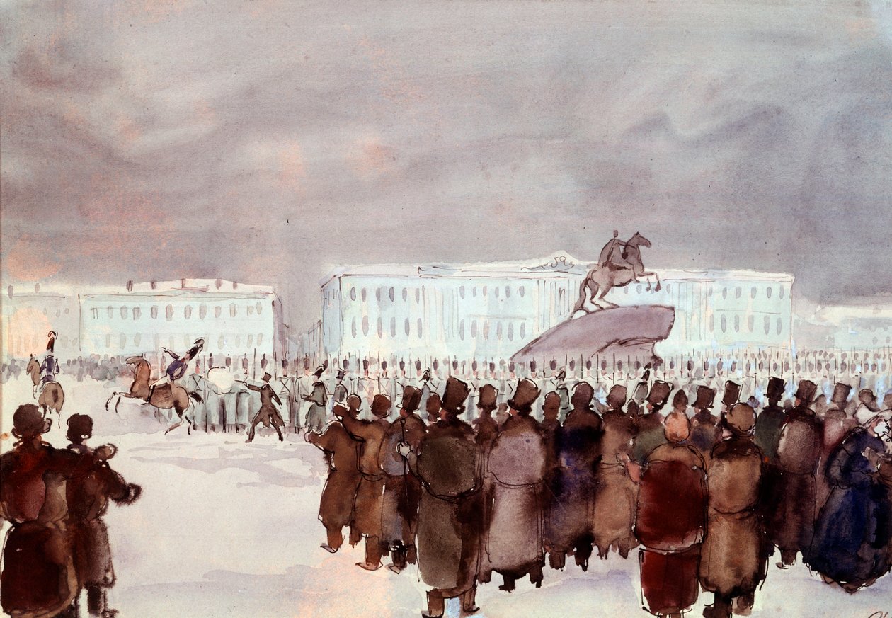 Folkmassan på Senatstorget under Decembrist-revolten 1825. Decembrist- eller Decabrist-medlemmar i ett hårt undertryckt kuppförsök organiserades i St. Petersburg den 14 december 1825 för att få en konstitution från den blivande tsaren för att modernisera r av Anonymous Anonymous