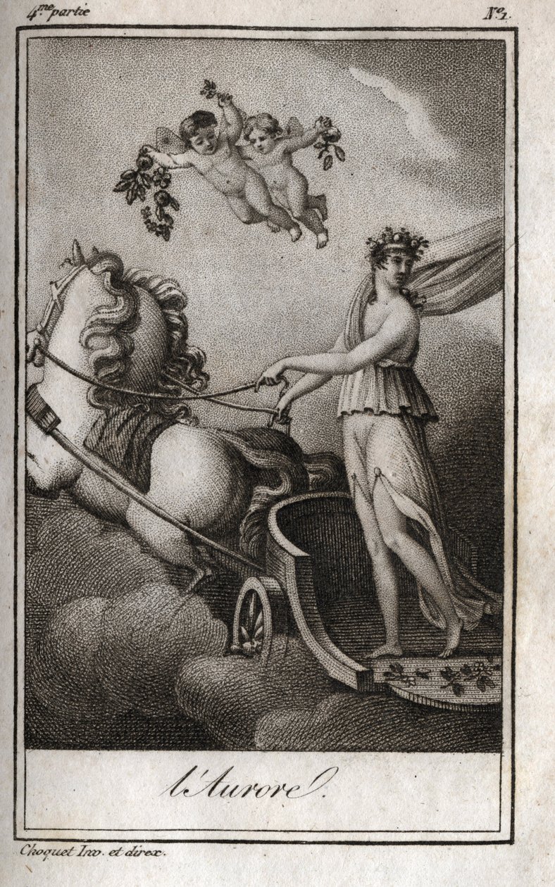 Gryningen (Apollo leder solens vagn). Allegori om soluppgången. Gravyr från 1819 i "Lettres a Emilie sur la mythologie" av Charles Albert Demoustier (1760-1801). Privat samling. av Anonymous Anonymous